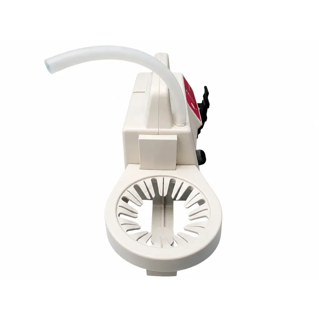 White plastic dental handpiece with curved transparent tube and red control panel on ssccor ii 2310v portable suction unit