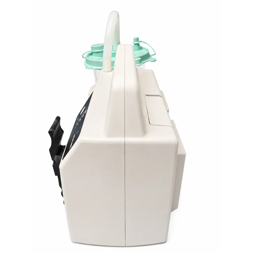 Cream-colored portable suction unit sscor ii 2314b with teal canisters and white flexible tubing biomed certified
