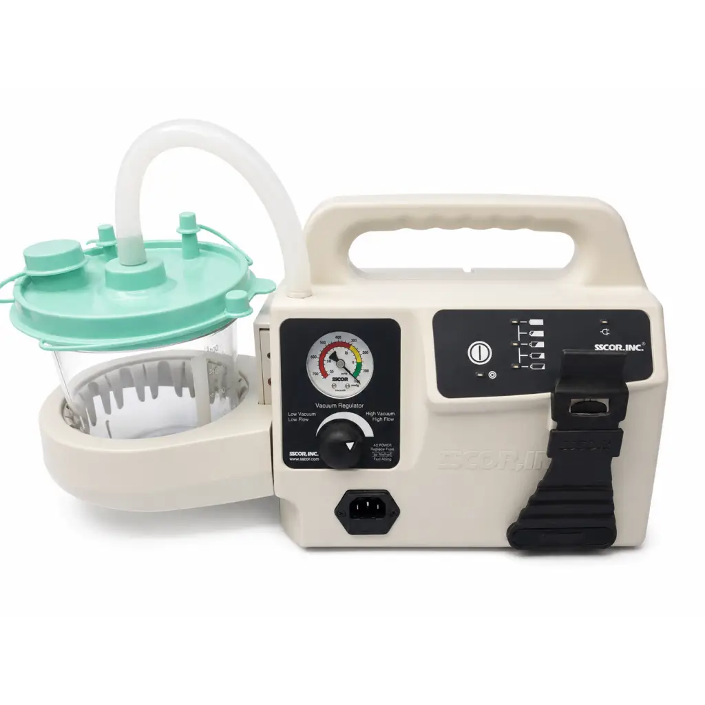 Beige and teal SSCOR II 2314B portable suction unit with clear collection chamber and control panel for medical use