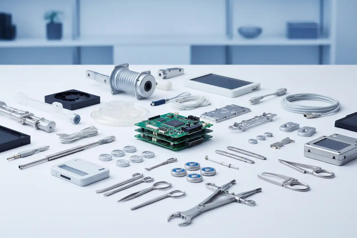 Stacked green circuit boards with silver metallic components and blue circular accents.