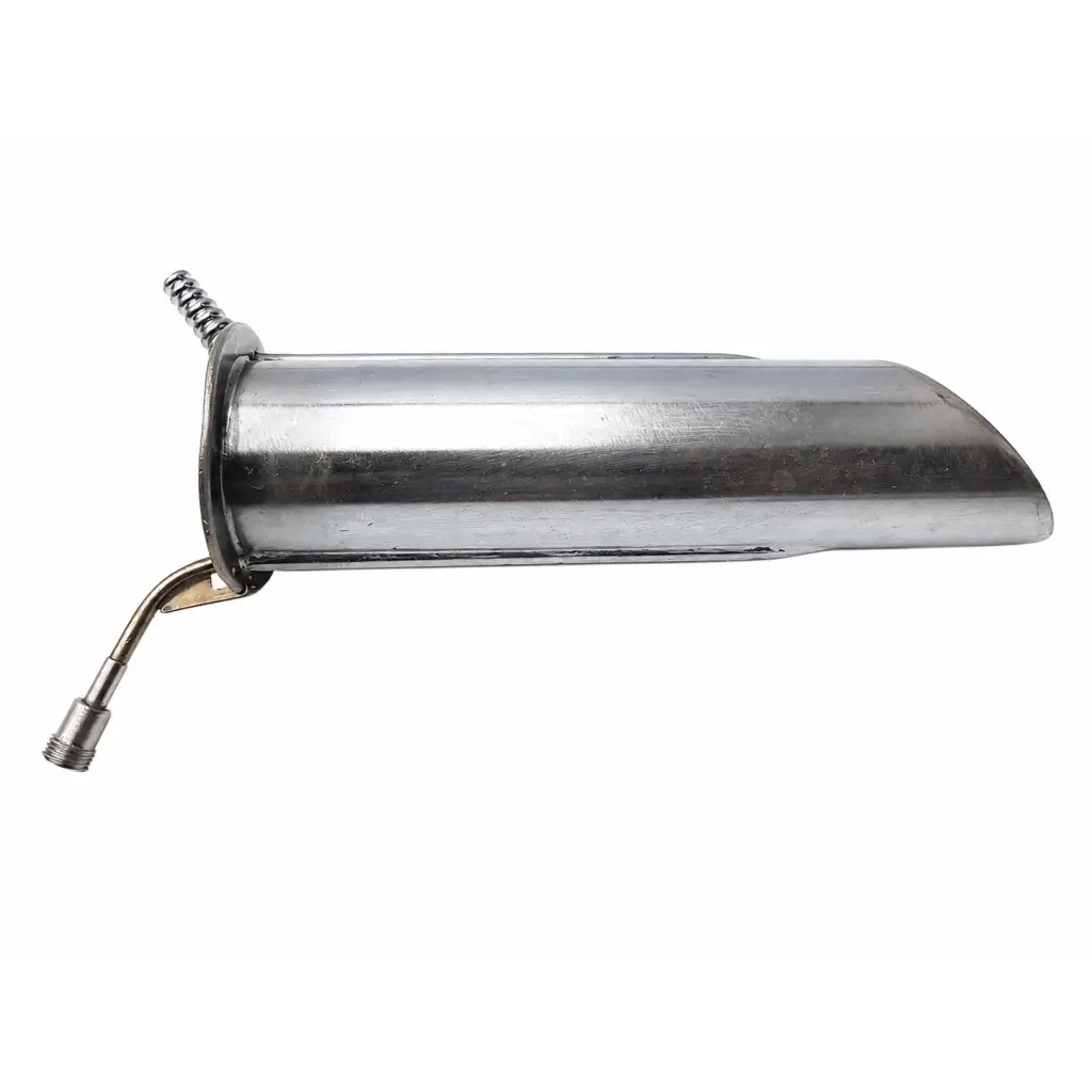 Shiny stainless steel curved medical instrument attachment with threaded end cap and biomed certified hose fitting