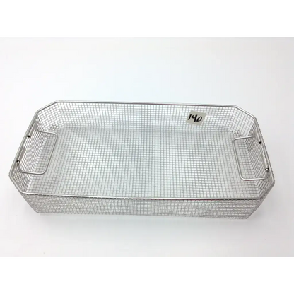 Silver stainless steel mesh sterilization tray with flip handles reinforced for durability 22 x 10.5 x 4 inches