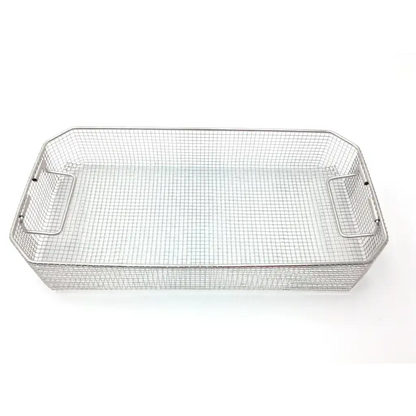 Rectangular stainless steel mesh sterilization tray with integrated flip side handles 22x10.5x4 inches
