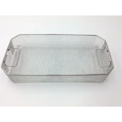 Rectangular stainless steel mesh sterilization tray with integrated flip handles measuring 22 by 10.5 by 4 inches