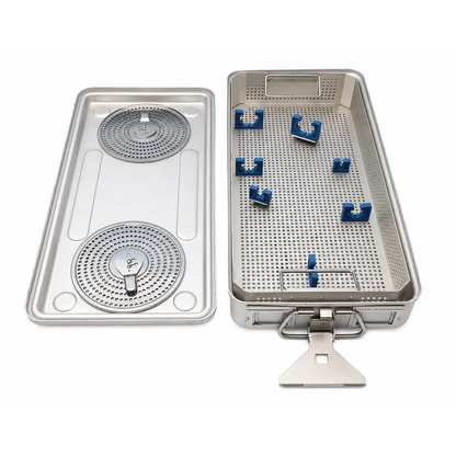 Stainless steel instrument sterilization case with perforated compartments and blue plastic clamps for surgical use