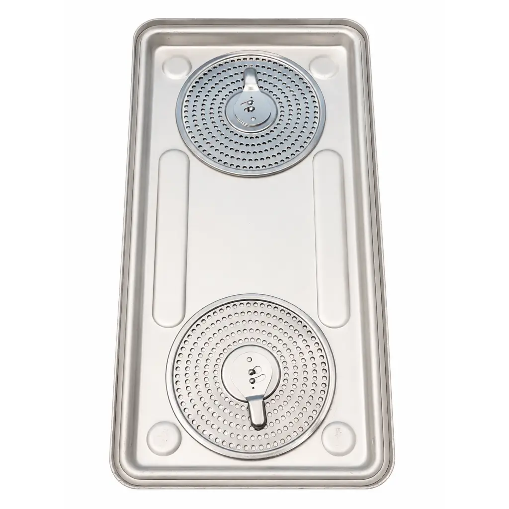 Silver stainless steel double burner cooktop with perforated grates and knobs for instrument sterilization case use