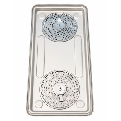 Silver stainless steel double burner cooktop with perforated grates and knobs for instrument sterilization case use