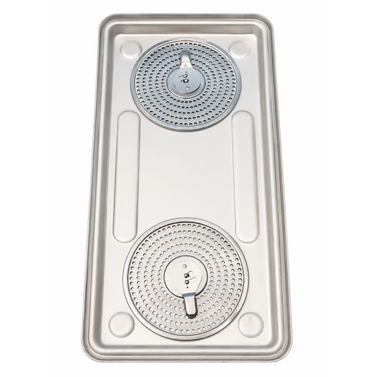 Silver stainless steel double burner cooktop with perforated grates and knobs for instrument sterilization case use
