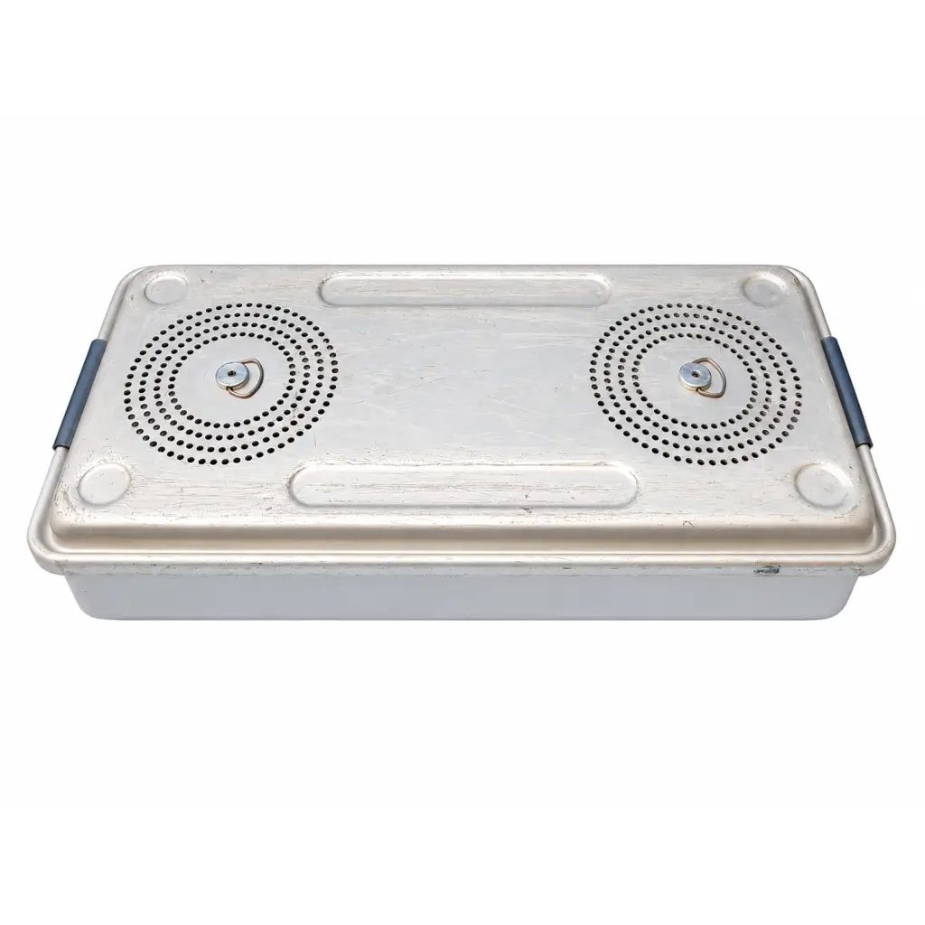 Silver stainless steel instrument sterilization case with hinged lid, two perforated compartments, and blue handles