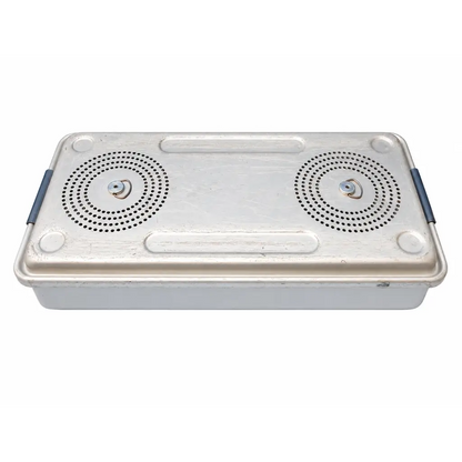 Silver stainless steel instrument sterilization case with hinged lid, two perforated compartments, and blue handles