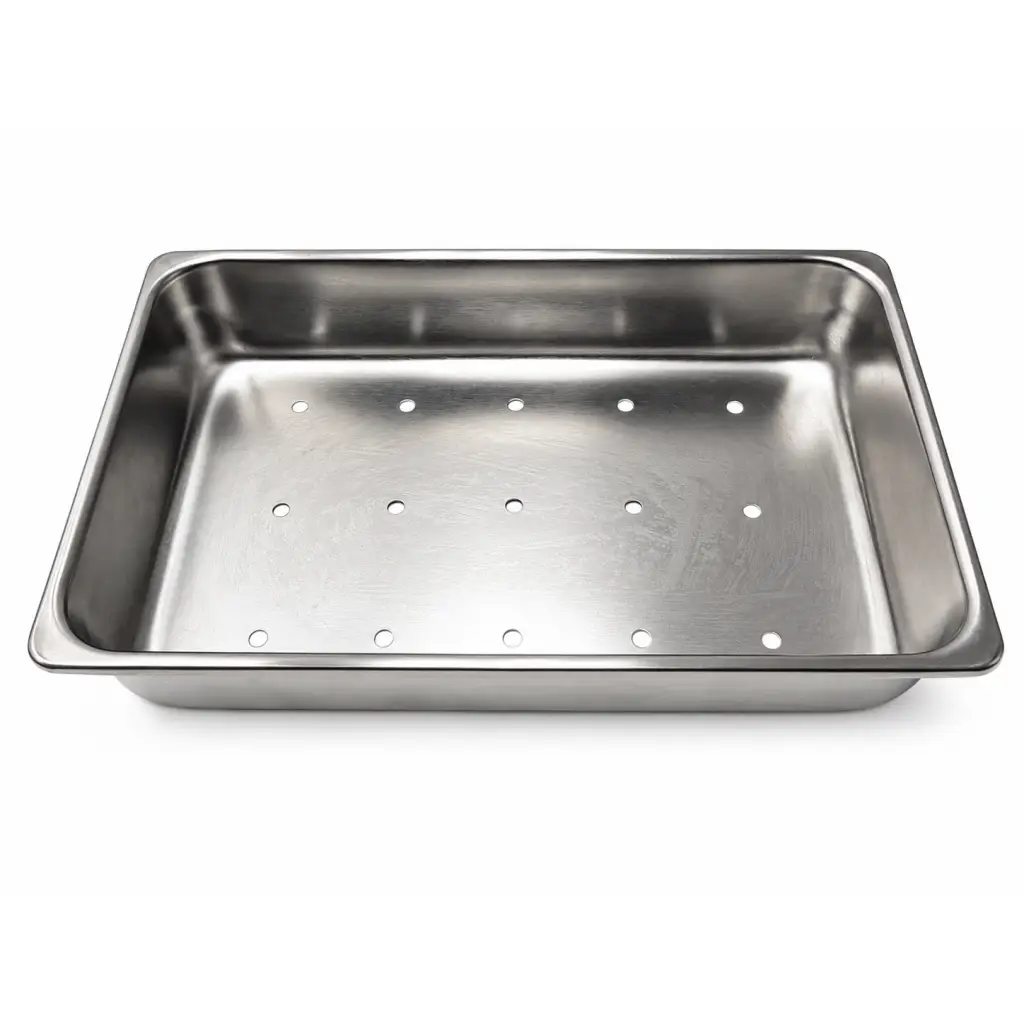 Stainless steel perforated instrument tray biomed certified with rectangular shape and evenly spaced circular holes