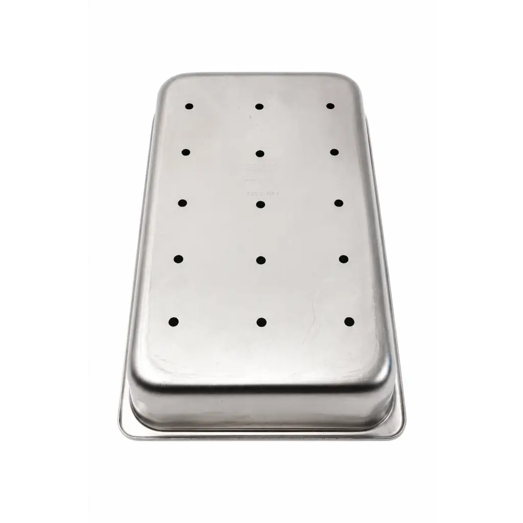 Stainless steel perforated instrument tray biomed certified with black circular holes in a rectangular design