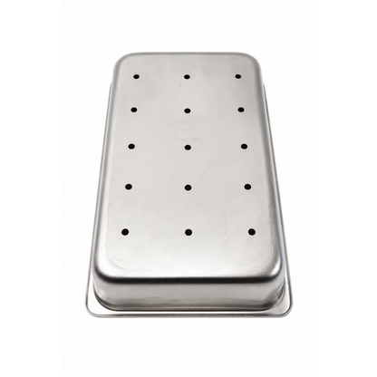 Stainless steel perforated instrument tray biomed certified with black circular holes in a rectangular design