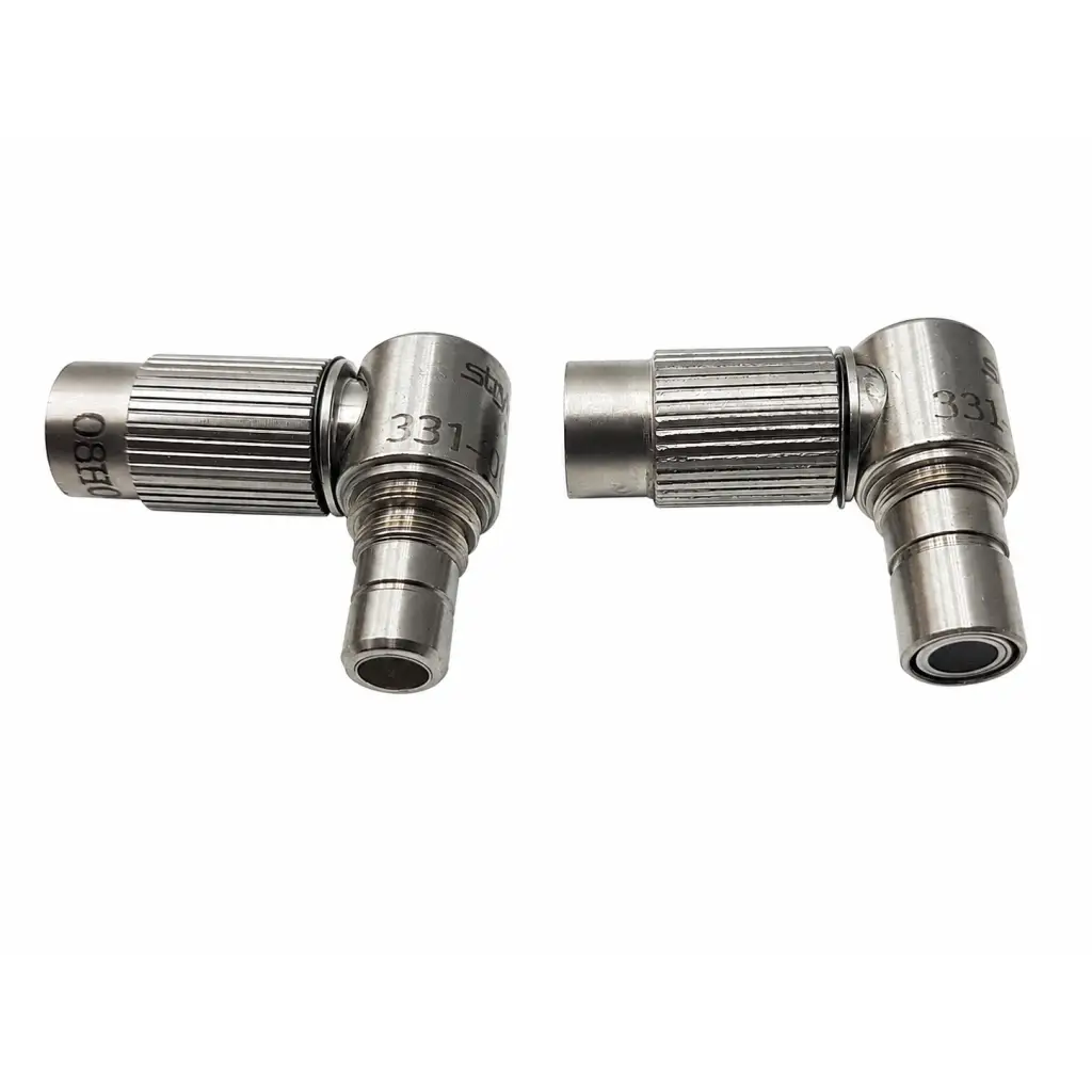 Silver metallic stainless steel right-angle connector adapter with ribbed texture and biomed certified markings