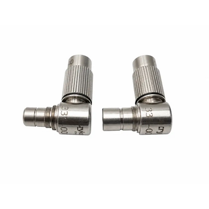 Silver metallic stainless steel right-angle connector adapter with ribbed texture and biomed certified markings
