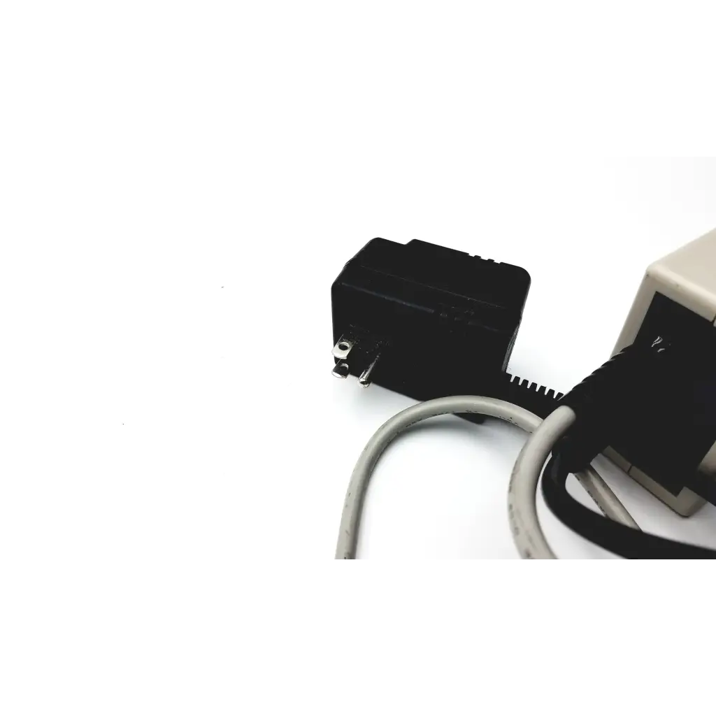 Black plastic power adapter with two-prong plug and gray cable for stanley classic check bbhd2-5 model