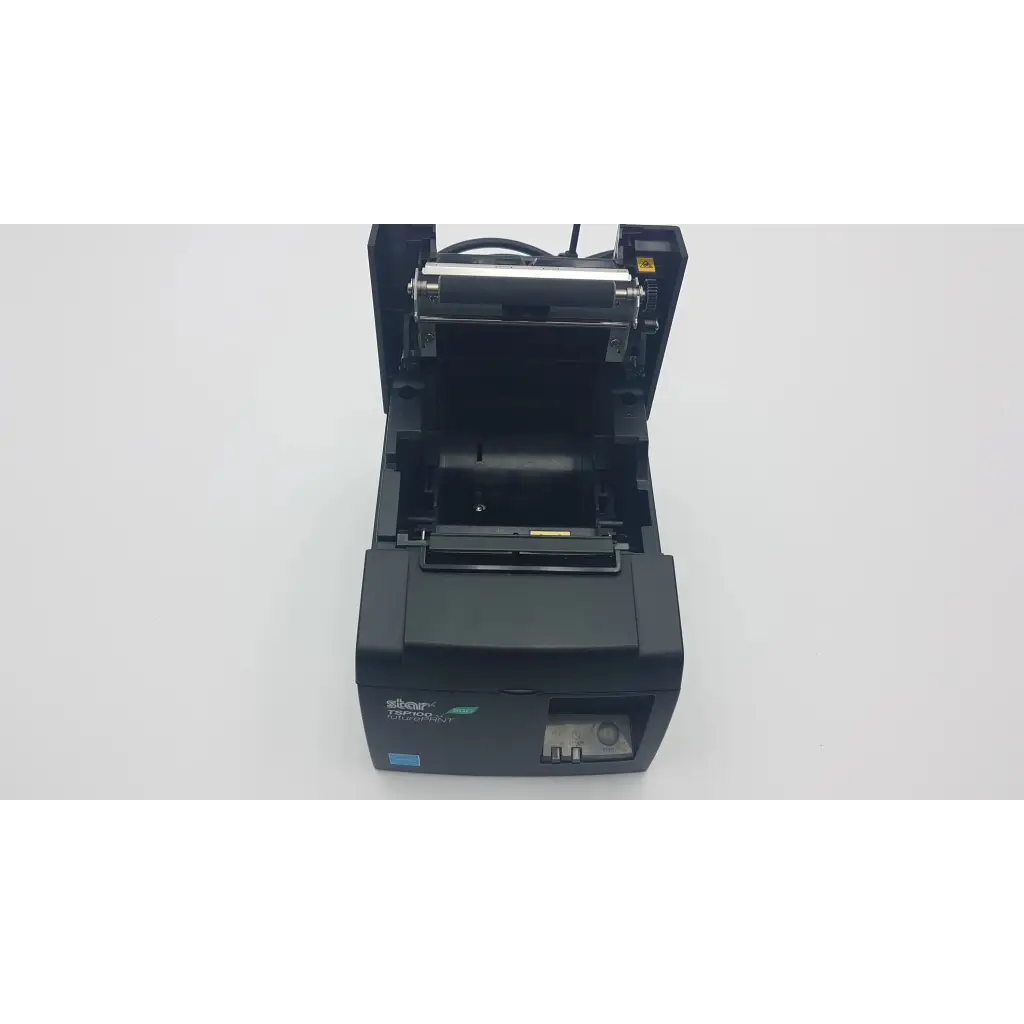 Black star tsp100 future prnt thermal receipt printer with open top cover showing internal components