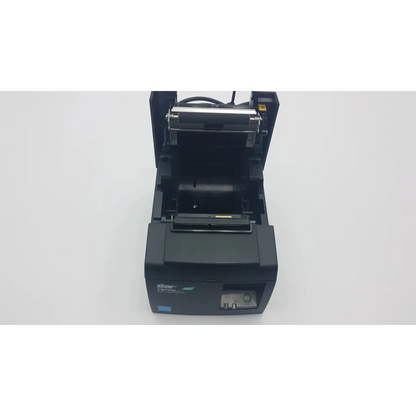 Black star tsp100 future prnt thermal receipt printer with open top cover showing internal components