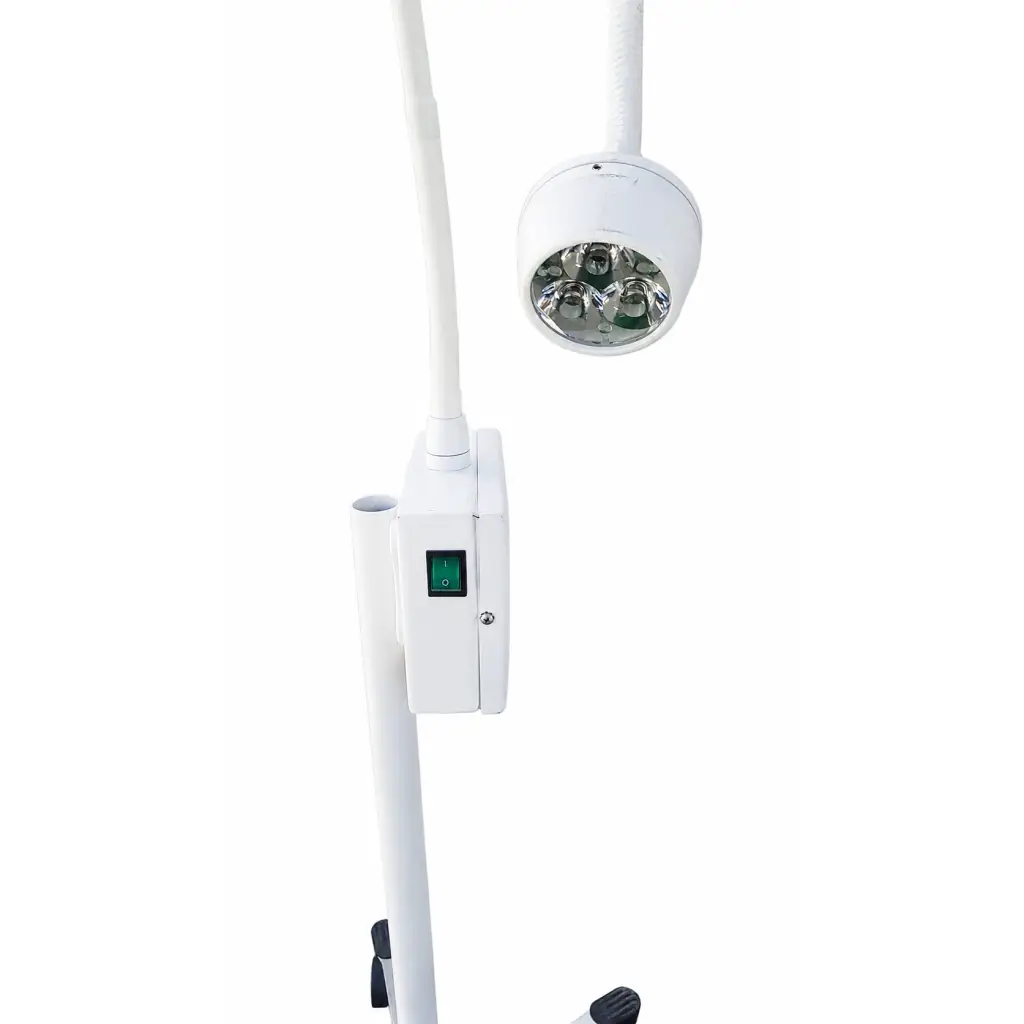 White adjustable startrol led medical exam light with five led bulbs and green power switch on rolling stand