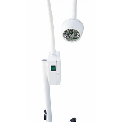 White adjustable startrol led medical exam light with five led bulbs and green power switch on rolling stand