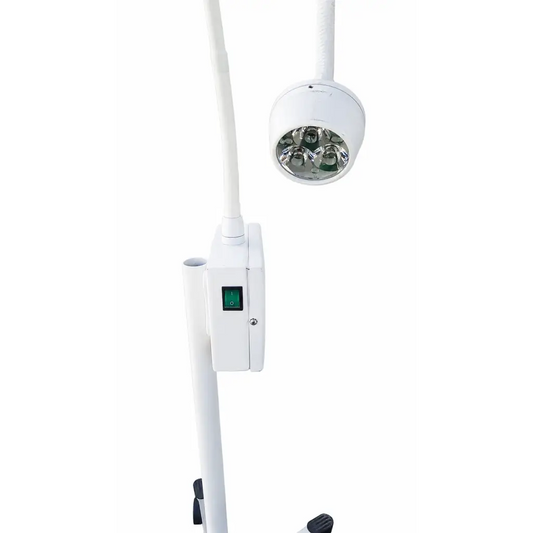 White adjustable startrol led medical exam light with five led bulbs and green power switch on rolling stand