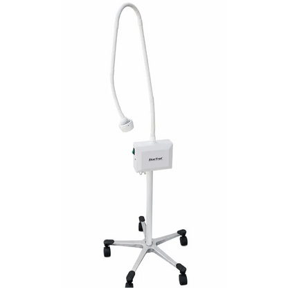 Startrol led medical exam light with flexible gooseneck and adjustable head mounted on silver metal rolling stand with casters