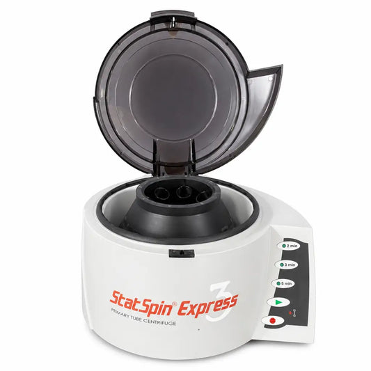 White statspin express 3 laboratory centrifuge with black lid and control panel for timer settings repair service