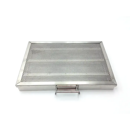Rectangular stainless steel mesh wire tray with reinforced edges and hinged lid for sterilization use