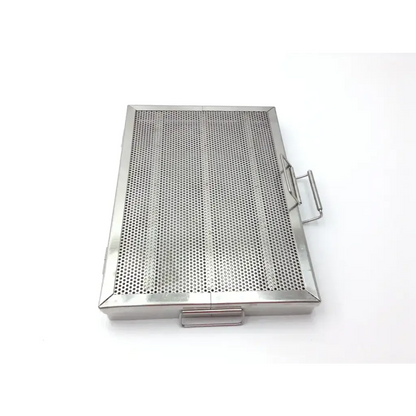Rectangular stainless steel mesh wire tray with handles designed for sterilization and durable use in kitchens