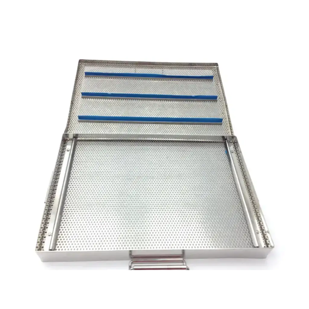 Stainless steel mesh surgical instrument tray with three blue rubberized dividers for sterilization use