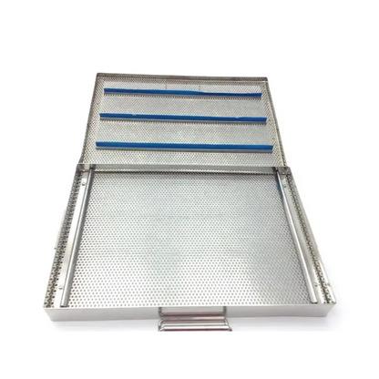 Stainless steel mesh surgical instrument tray with three blue rubberized dividers for sterilization use