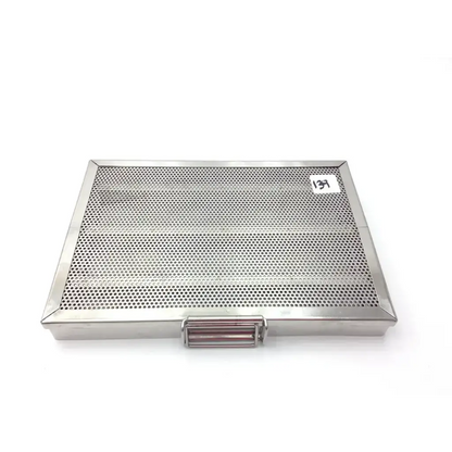 Rectangular silver-toned stainless steel mesh wire tray with perforated surface and small front handle for sterilization
