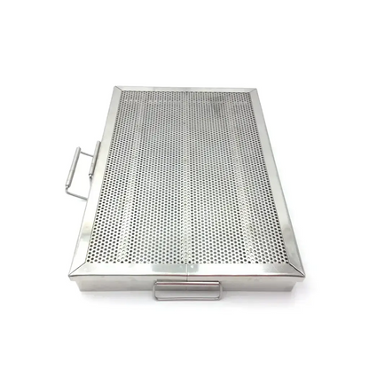Rectangular stainless steel grill pan with perforated surface and two handles for sterilization of steel mesh wire tray
