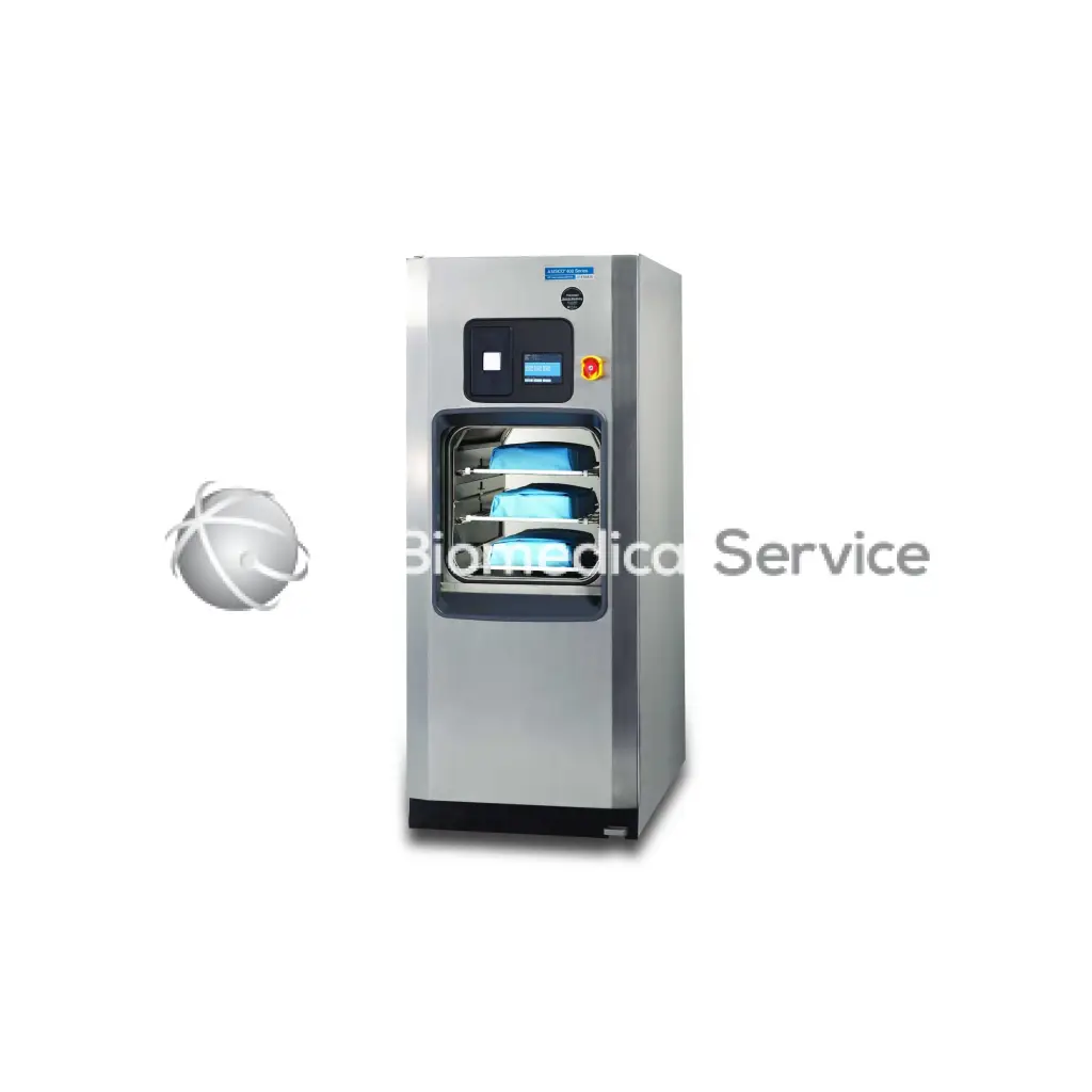 Steris Amsco 400 Series large stainless steel medical sterilizer with digital display and trays holding blue surgical items