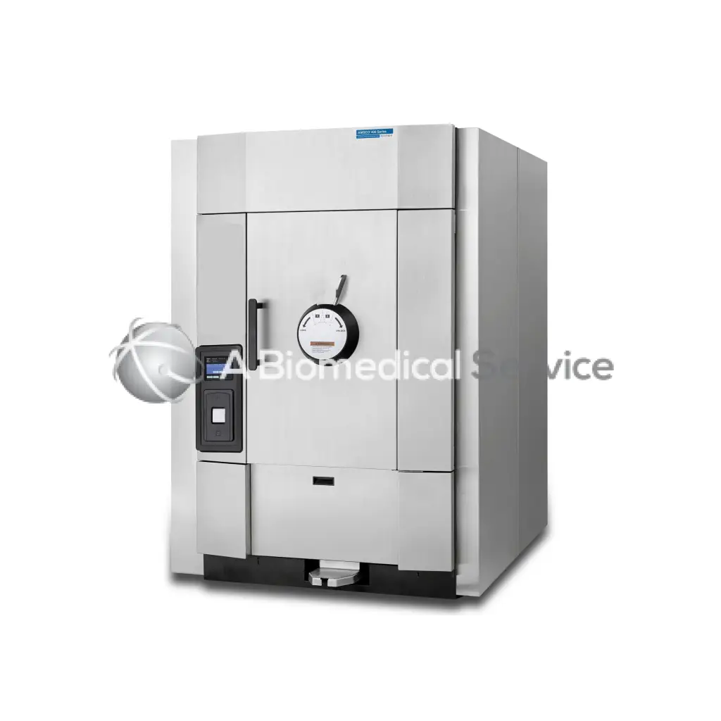 Steris Amsco 400 Series medium silver stainless steel medical sterilization chamber with digital display and circular gauge for biomedical service