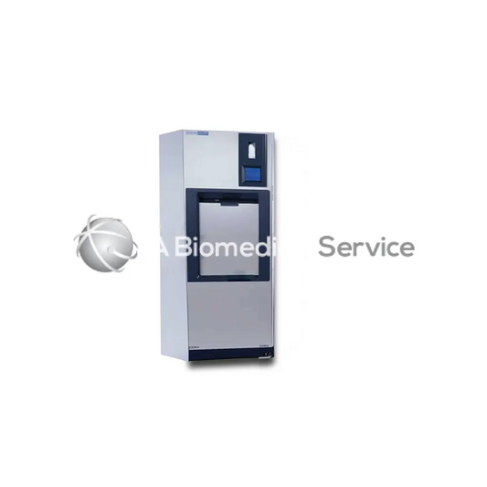 Silver stainless steel steris amsco century v120 sterilizer with black-framed door and digital display panel