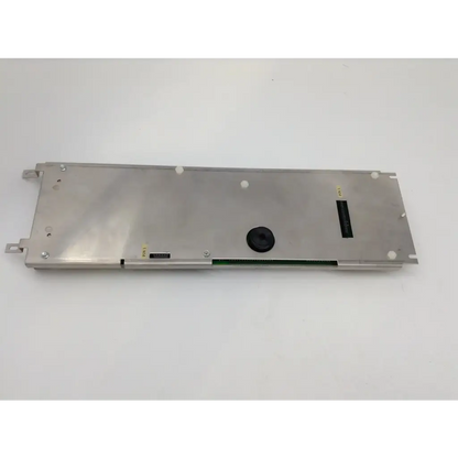 Silver metallic rectangular steris erie amsco sterilizer 384k rex pcb control board with black circular component and green circuitry