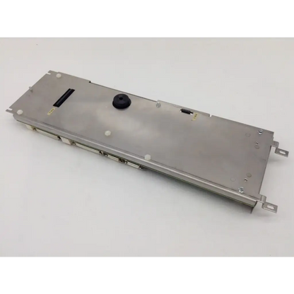 Silver metallic steris erie amsco sterilizer 384k rex control panel with black circular component and rectangular connectors