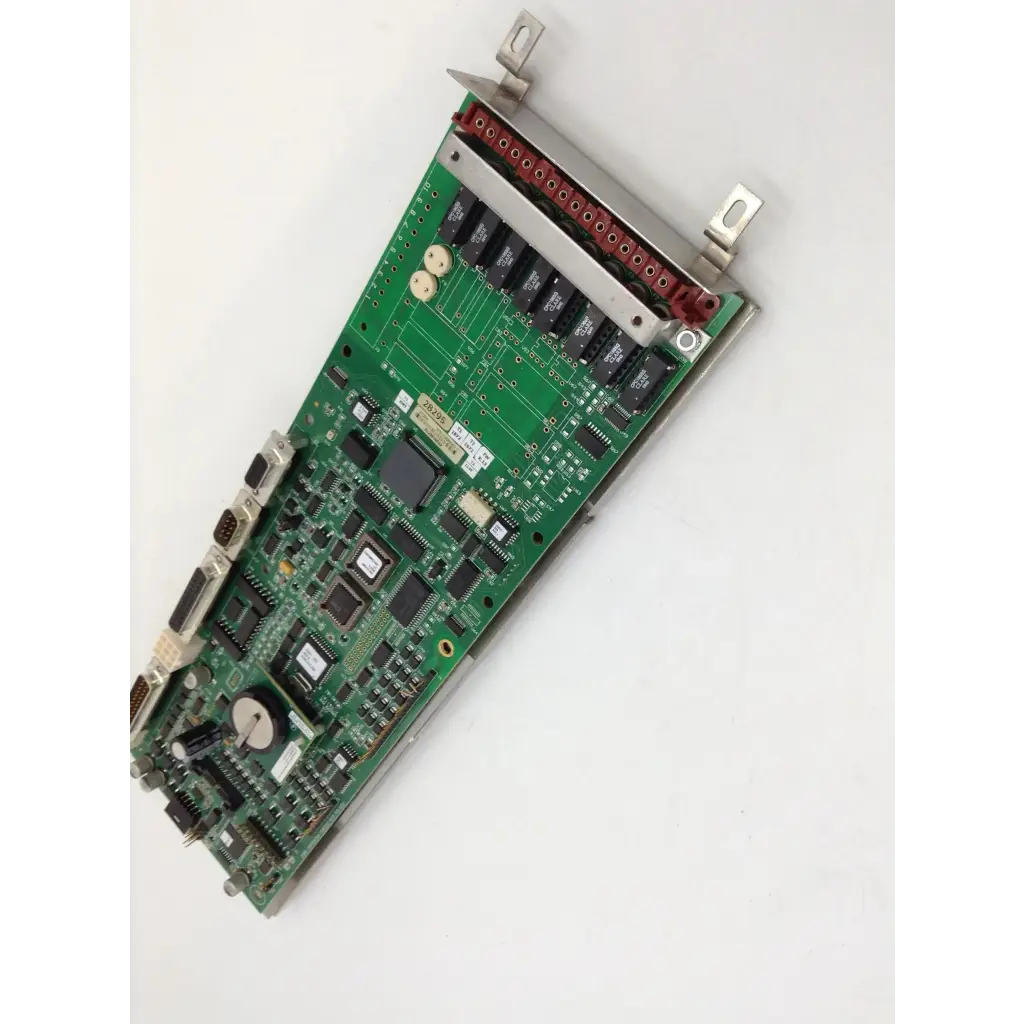 Green printed circuit board with black integrated circuits and red connectors for steris erie amsco sterilizer 384k rex pcb control board