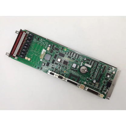 Green printed circuit board with black and silver components and red terminal strip for steris erie amsco sterilizer 384k rex pcb