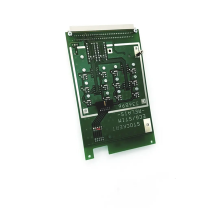 Green rectangular stockert 336b96 ecg stim control board with silver soldered components and white labeling