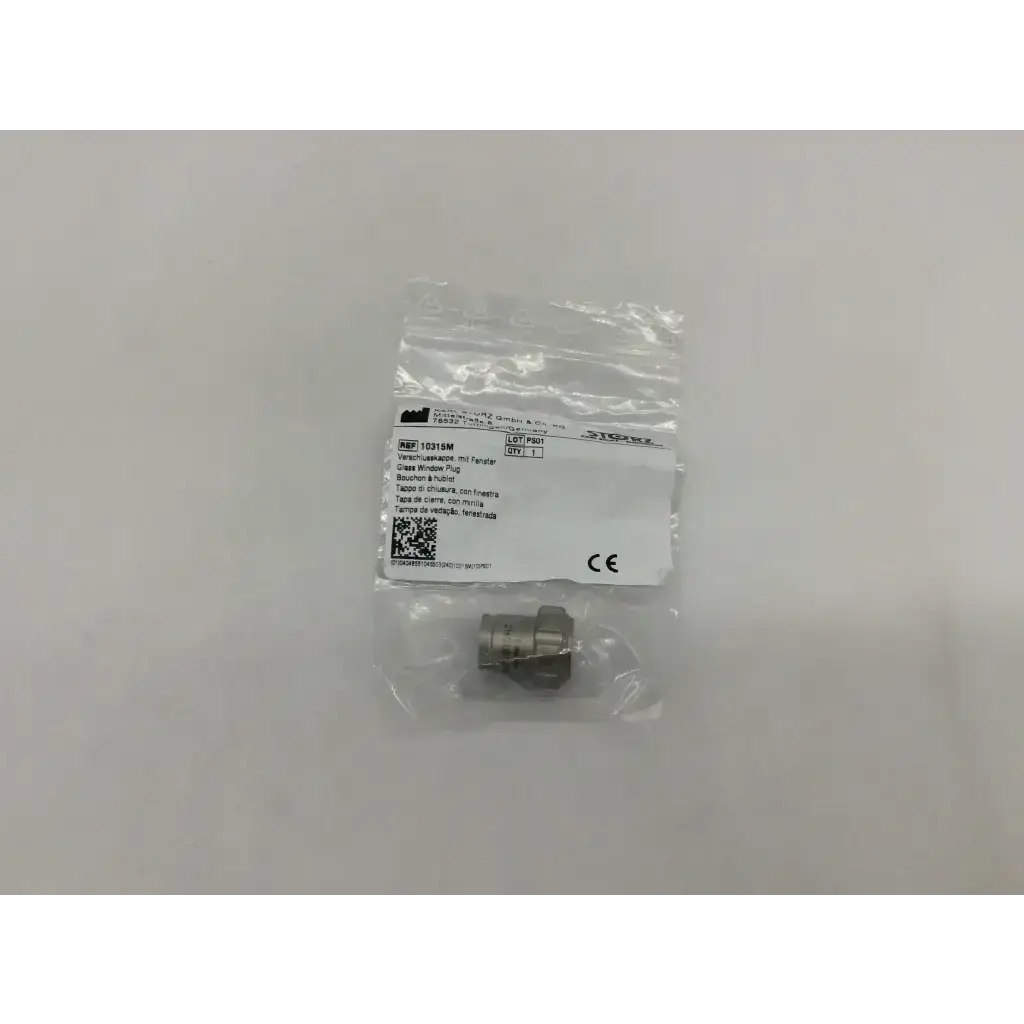 Silver metallic storz 10315m glass window plug made of durable glass in clear plastic packaging