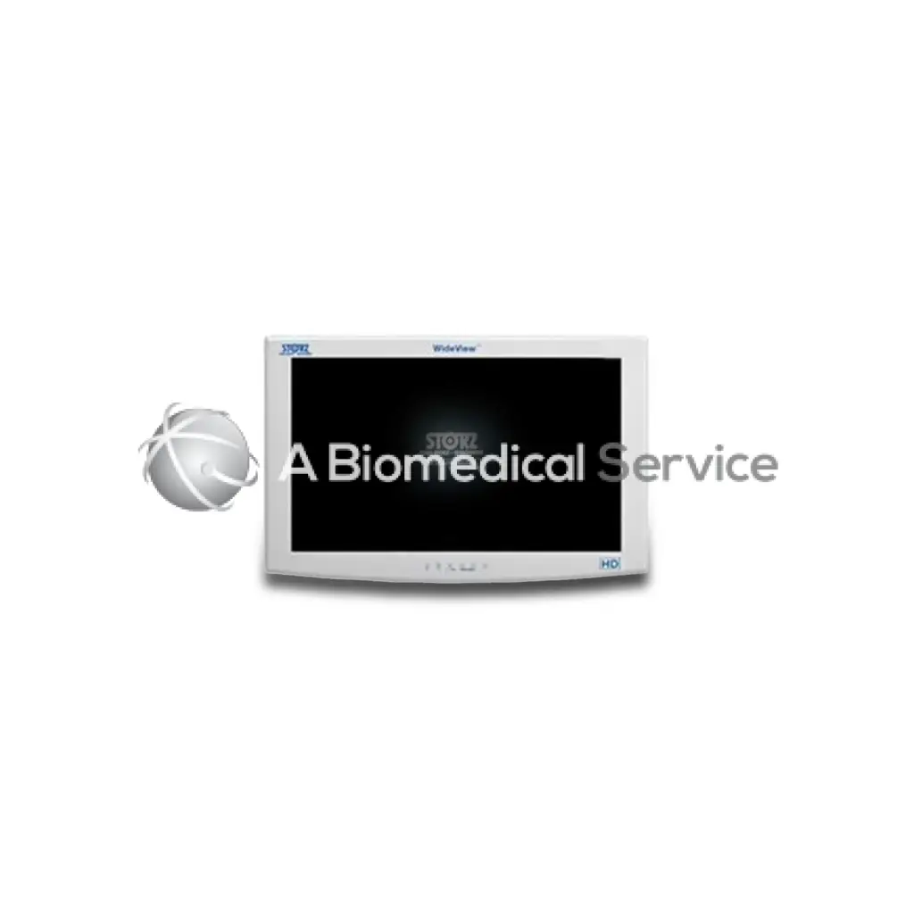 White rectangular storz 24 hd biomedical service monitor with wideview branding displaying a black screen