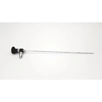 A sleek metallic storz 27020c hopkins cystoscope with a black ergonomic handle and spiral grooved slender shaft