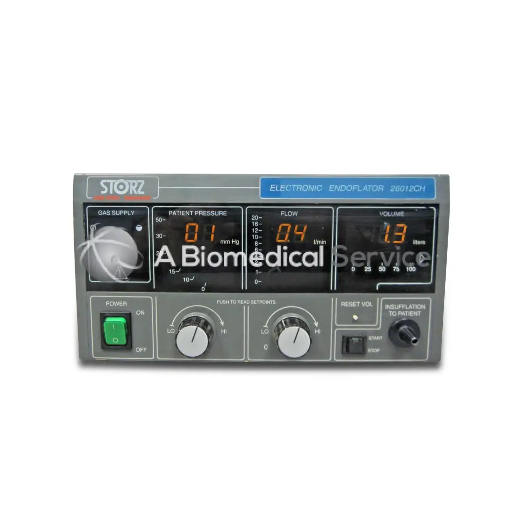 Gray storz endoflator 26012ch electronic device with digital displays showing patient pressure flow and volume readings