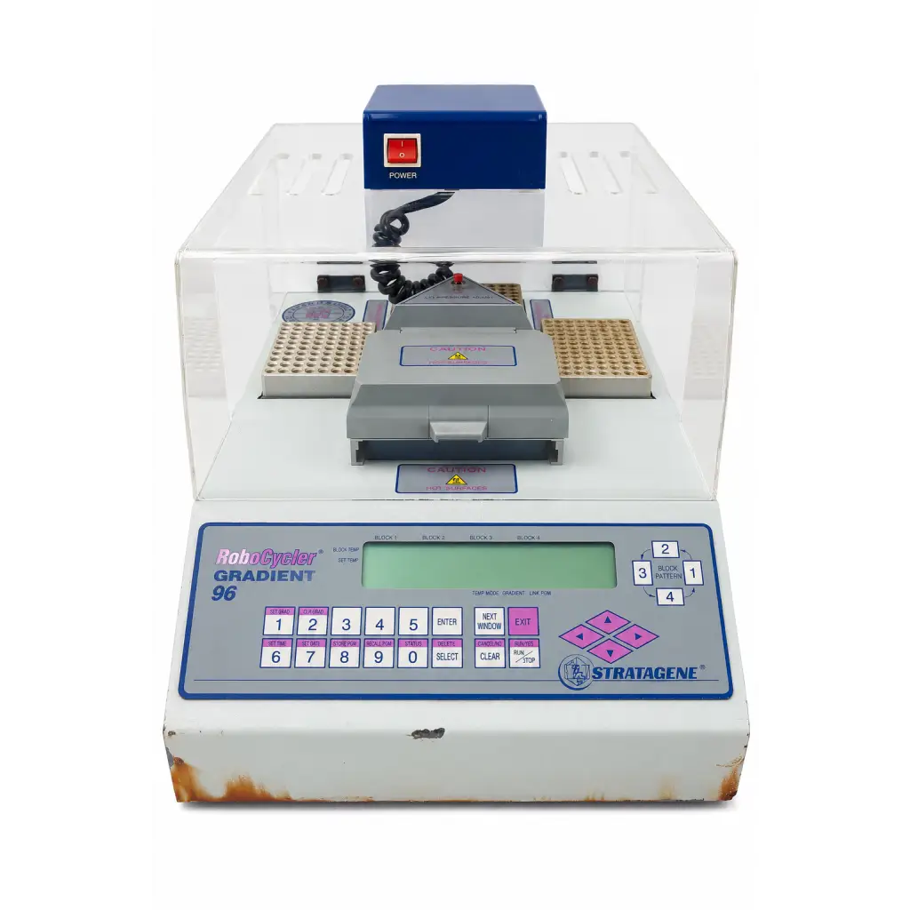 Stratagene robocycler gradient 96 thermal cycler biomed certified with white gray body blue power switch and clear enclosure
