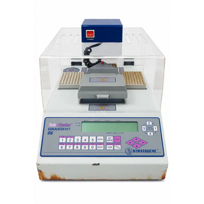 Stratagene robocycler gradient 96 thermal cycler biomed certified with white gray body blue power switch and clear enclosure