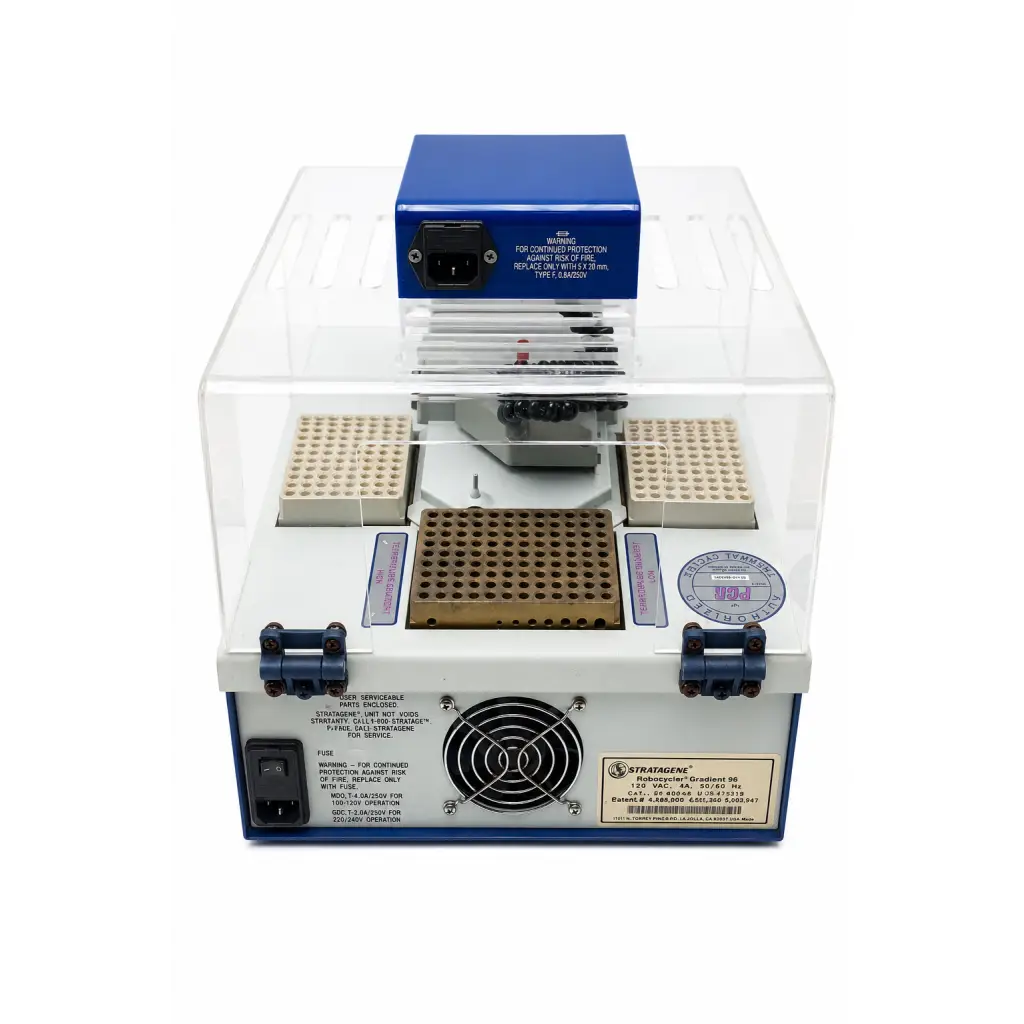 Stratagene robocycler gradient 96 thermal cycler biomed certified with white and blue acrylic sides and multiple trays for samples