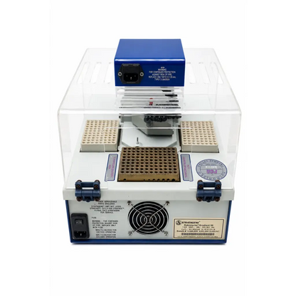 Stratagene robocycler gradient 96 thermal cycler biomed certified with white and blue acrylic sides and multiple trays for samples