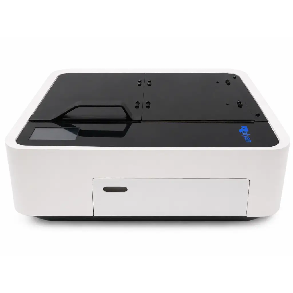 White and black desktop support cleaning tank with digital display for biomed-certified Stratasys 3D printing support cleaning